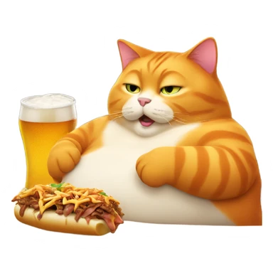 Fat orange cat leaning back eating a cheesesteak with a beer in his other paw sticker