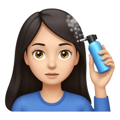 Emoji-style illustration of a woman with long dark hair, front-facing, simple rounded facial features, big expressive eyes, flat vector shading. A hand is spraying hair spray from a small aerosol can toward her hair, visible mist/spray particles in the air.  sticker