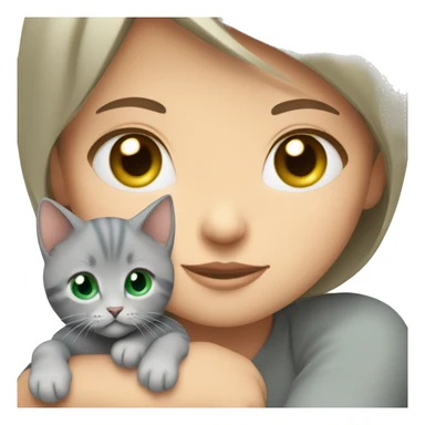 blue eyes grey kitten hugging brown short hair green eyes woman sticker
