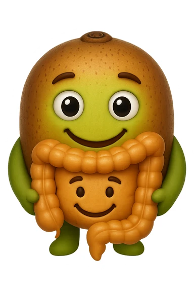 emoji stile iphone di kiwi che tengono in mano un pezzo di colon con espressione felice in volto, iperrealistico 4k sticker