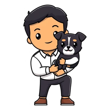 Mexican man with black hair and brown eyes wearing a shirt and black pants, holding a small white dog with one brown ear sticker