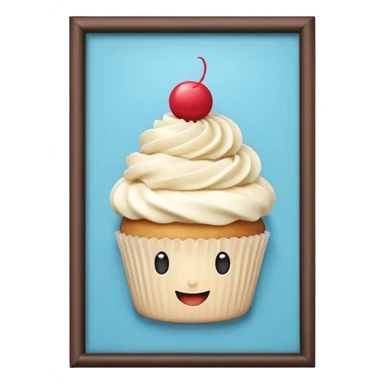 A 3D cartoon cupcake advertisement poster hanging on a wall, visible border, flat lighting, Memoji-style. sticker