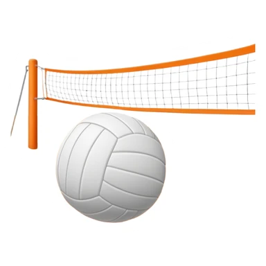 The scene captures a sunny beach atmosphere with clear blue sea and sky, palm trees swaying, and people in swimsuits enjoying the vibrant surroundings. A volleyball resting on the orange sand ground of a beach, with a volleyball net in the background.  sticker
