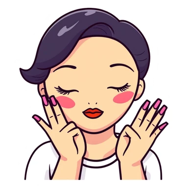A cute face with closed eyes that form upward curved lines, eyelashes, pursed lips with lipstick, and a hand gesture with only the thumb out while other fingers are closed, all nails painted sticker
