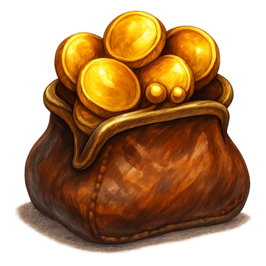 В cлегка рисованной, но при этом объемной и яркой стилистике сгенерируй картинку кожаного кошелька, из которого торчат натуральные фотореалистичные золотые монеты. Они должны выглядеть не как пластмассовые, а как настоящее золото. Прозрачный фон sticker