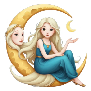 whimsical crescent moon with a woman sitting on it sticker