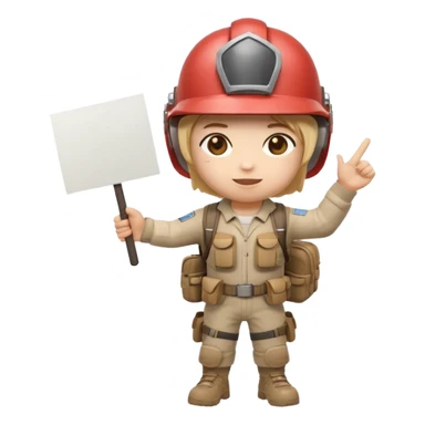 Create a cute emoji-style PUBG Mobile character, chibi version with helmet and backpack, standing in victory pose, holding a blank white sign or paper sheet in both hands in front of chest, ready for text, clean white background, simple emoji design” sticker