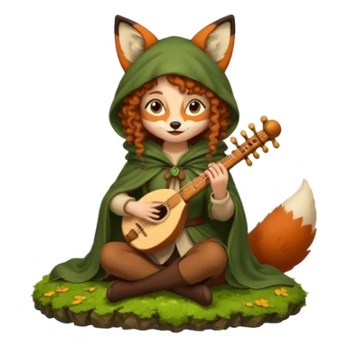 forest sticker character, woman with curly brown hair dressed as fox bard, tail cloak and ear hood, sitting on moss playing flute sticker