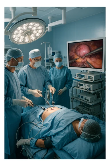 A realistic, clinical image inside a modern operating room during a laparoscopic cholecystectomy (gallbladder removal surgery). A team of surgeons in sterile gowns, masks, and gloves focus intently on the patient lying on the operating table. High-tech laparoscopic instruments are inserted through small incisions in the patient’s abdomen. On a large screen nearby, a close-up video feed shows the gallbladder being carefully dissected and removed using precise surgical tools. The environment is brightly lit with cool white surgical lights, and all medical equipment is clean and state-of-the-art. The mood is professional and sterile, conveying a sense of precision, care, and medical expertise. The patient is under anesthesia, covered with sterile drapes, with monitoring devices attached sticker