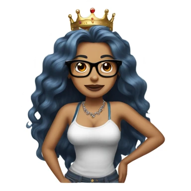 Pinupx long length hair. Wears a crown and tattoos and glasses sticker