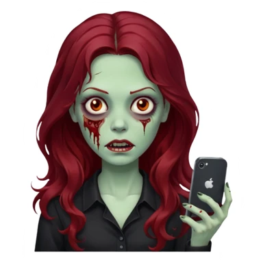 Faça me um emoji de um zumbi mulher de cabelos vermelho escuro longos ondulado usando uma blusa preta, faça no estilo iphone sticker