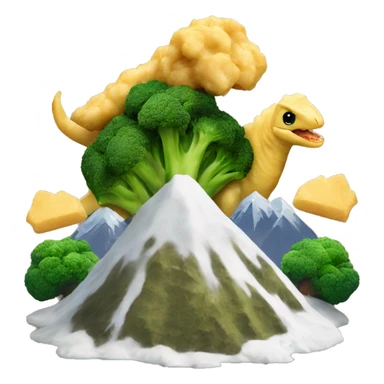 Dinosaur shaped nuggets with mountain of mashed potatoes with broccoli trees sticker