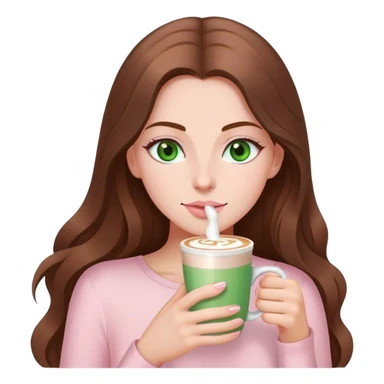 pretty woman with very long brown hair and green eyes and light pink outfit drinking a latte sticker