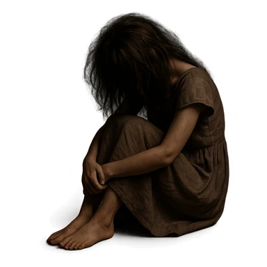 a girl in a simple dress, sitting barefoot with her back hunched and head lowered, messy hair covering her face, expressing sadness, dim, moody lighting, soft shadows, minimal blurred background sticker