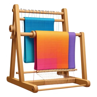 Create an icon that represents the hobby of weaving. The design should include a loom, threads, and a partially woven fabric, along with a piece of colorful fabric and sewing patterns. Include a representation of finished clothing, like a simple shirt or dress, made from the woven fabric. The composition should feel balanced and harmonious, reflecting the creative and intricate process of weaving and sewing. The background should be transparent. sticker