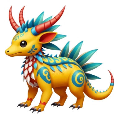 Colorful Exotic Pokémon-Fakémon-hybrid-creature (full body) with tribal intricate splash-markings and patterns and furs and scales and spikes and fins and horns  sticker