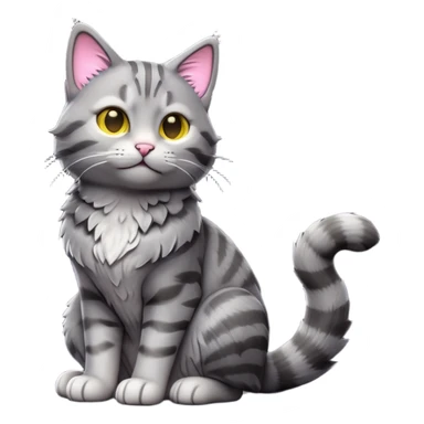 cinematic-[grey tabby cat]-realistic-full-body-sitting-emoji,-tail-curled-playfully-around-its-paws,-head-tilted-dramatically,-scruffy-[grey]-fur,-simplified-yet-realistic-focused-features,-highly-detailed,-glowing-with-an-almost-sarcastic-glow sticker