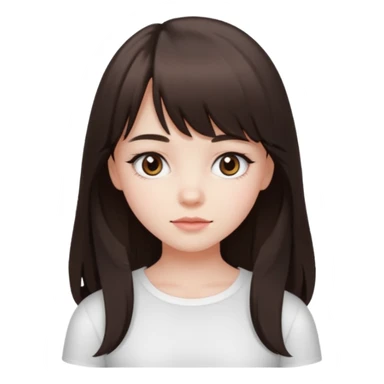 brunette girl with dark brown eyes, pale rosy skin, long hair and wispy bangs and a white top  sticker