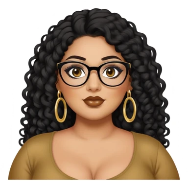 big plus size, latina, darker tan skin, long black curly hair, baddie,pretty, makeup, lipliner, black eyeliner, long hair, gold earrings, black top, glasses sticker