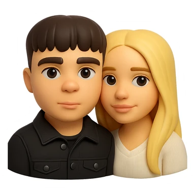 Create a 3D emoji in the Microsoft style of a guy in a black buttoned denim jacket and a girl next to him. Preserve the facial features and overall appearance of both individuals. Remove the background. sticker