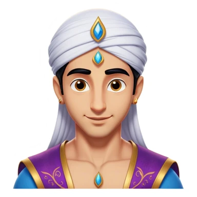 Cinematic Realistic Aladdin Portrait, head tilted playfully and inquisitively, showcasing his roguish charm and bright, mischievous eyes. His signature attire is rendered in exquisite detail with dynamic natural highlights, and a hint of magic sparkles about him—embodying a youthful, adventurous energy with friendly power. sticker