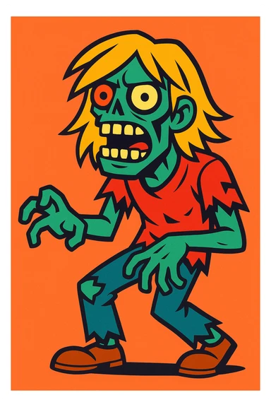 stylized zombie character young man long blond hair exposed teeth torn clothes vibrant comic style sticker