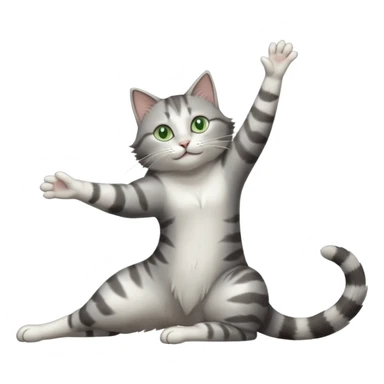 grey and white cat with green eyes doing a big extremely long stretch reaching up into the air with arms and legs side by side together straight and overextended whilst lying on its side sticker