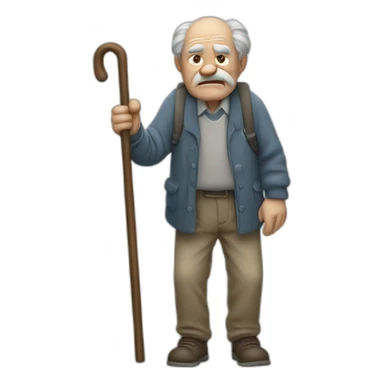 Old man leaning on a walking cane and holding his back with his hand grumpy face, detailed sticker