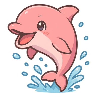 cheerful pink dolphin leaping with water droplets, wide grin, anime style, transparent background, 128x128 pixels sticker