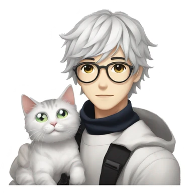 Cool Anime Cute Guy With Glasses With Cat, White Hair, Black Eyes sticker