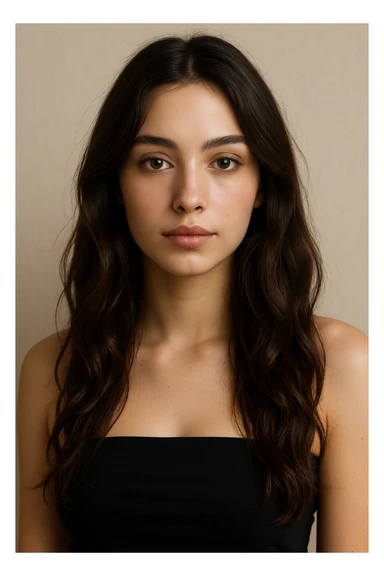 upper body portrait of a girl with dark brown long wavy hair, hazel eyes, wearing a black tube top, neutral background sticker