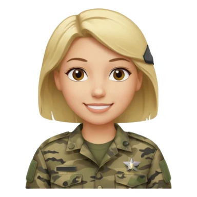 Apple-style emoji: female soldier, bust, no cap/helmet, friendly smile, generic camo top, blonde hair black color sticker
