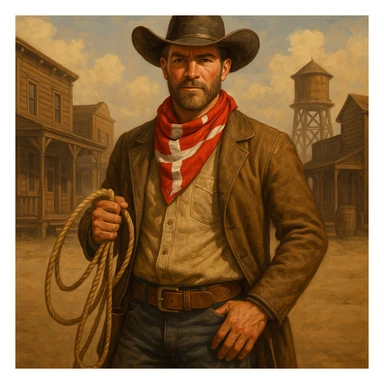 Danish cowboy holding a lasso with a red and white bandana in a western background sticker