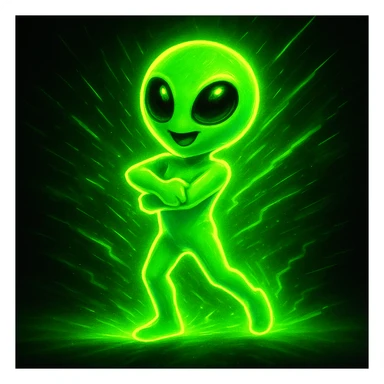 An alien dancing in neon green with an energetic pose and glowing effect, in a modern style. Emphasize the energy and neon green glow in a contemporary look. sticker