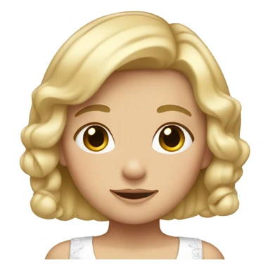 A short girl with short blonde hair and a white bow sticker