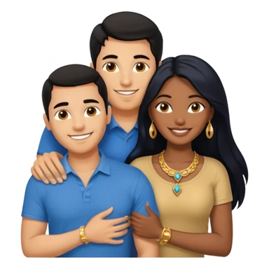 smiling embracing interracial couple from waist up. ebony woman with long hair and jewelry. brazillian man short hair wearing blue. sticker