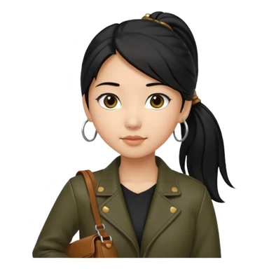 A girl with a pony tail black hair and olive ish skin, Asian eyes, with a black jacket and a brown purse  sticker
