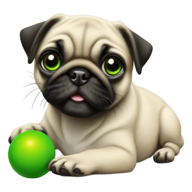 Hyper Realistic Happy Baby pug with green eyes playing with a green ball sticker