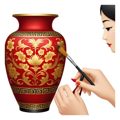Chinese metal painting icon, process of painting Chinese patterns on a metal vase, visible fine paintbrush in hand, intricate brushstrokes with vibrant red, gold, and black colors, metal surface with detailed designs in progress, minimalistic style, clean lines, transparent background. sticker