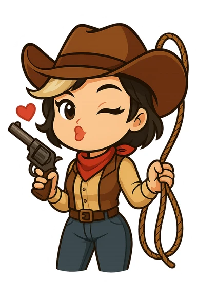 Edit this chibi cowgirl so she is holding a rope (lasso) in her left hand, as if she's just blown a kiss. Keep the new anime-style eyes, pose, winking and blowing a kiss expression, outfit, right gun, and all other details unchanged. Maintain the chibi stickers style and transparent background, sized for Twitch or Discord use. sticker