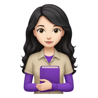 Long Hair Women with Black wavy hair, with purple Book, beige shir, without background sticker