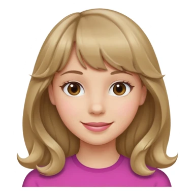 A girl with wavy, dark blonde hair, straight bangs, and straight eyes. She is smiling. sticker