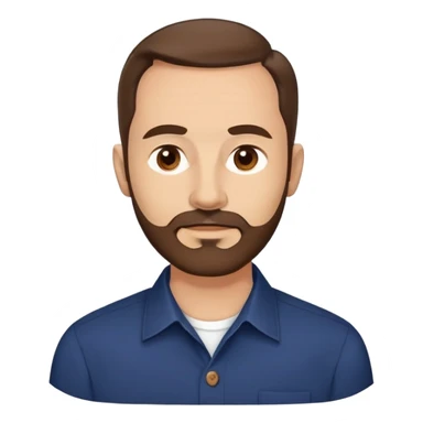 Man in his mid-50s with light skin tone. Round face with broad cheekbones. Lively brown eyes, prominent eyebrows. Full brown hair with minimal recession at temples. Brown beard covering jaw and chin. Slight smile. Wearing a navy button-down shirt. sticker