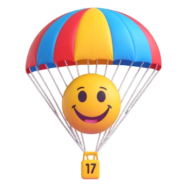 3D smiley emoji, round shape, with parachute, sporty face, transparent background (parachuting) sticker