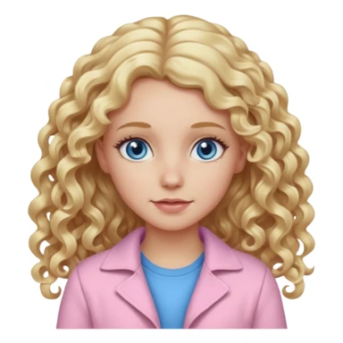 A white girl with long blonde curly hair and  eyes wearing light pink sticker