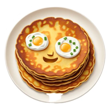 Cinematic Realistic Placki Ziemniaczane Dish Emoji, depicted as crispy potato pancakes served with sour cream rendered with vivid textures and warm, appetizing lighting. sticker
