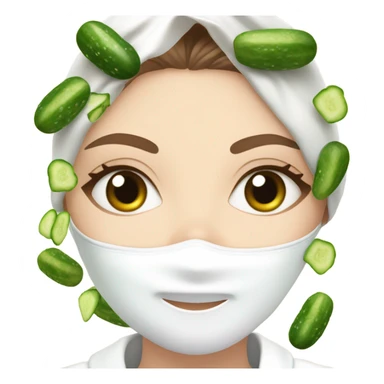 White girl with Brown hair and blue eyes wears a Green skincare textured mask and puts on cucumbers around her eyes while She relaxes in her white Robe sticker
