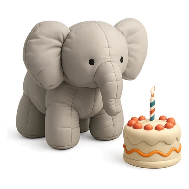 elephant beside one colorful candle-lit fruit cake, cushion style sticker