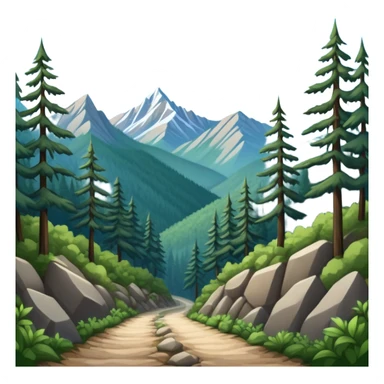 a forest trail or rocky mountain road. The background shows dense trees, steep slopes, and distant peaks under a clear blue sky. sticker