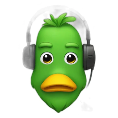 green man wearing a headset with a duck on his head sticker